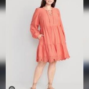 Tiered Lace-Up Mini Swing Dress Eyelet Floral Hem Coral Long Sleeve M.